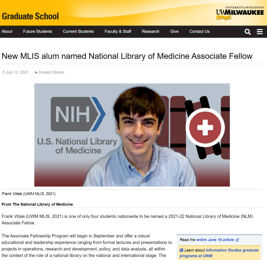Snippet from the article "New MLIS alum named National Library of Medicine Associate Fellow" on the Graduate School of University of Wisconsin Milwaukee website