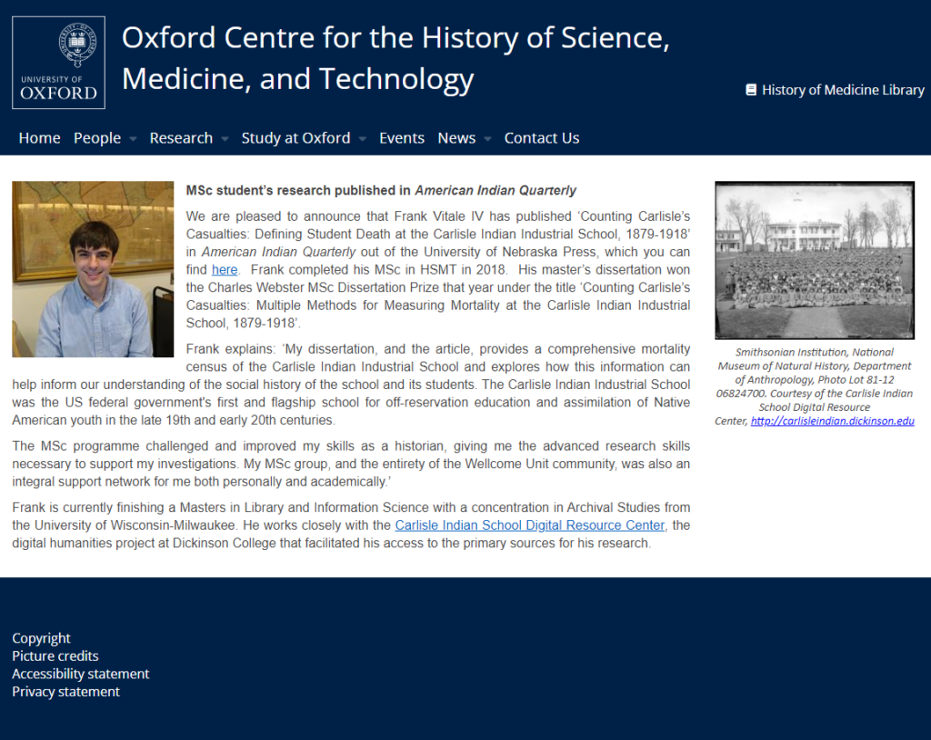 Snippet from the article "MSc student's research published in American Indian Quarterly" on the Oxford Centre for the History of Science, Medicine, and Technology website