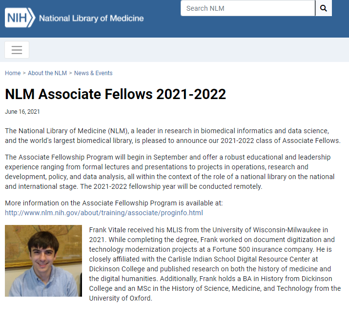 Snippet from the article "NLM Associate Fellows 2021-2022" on the National Library of Medicine website