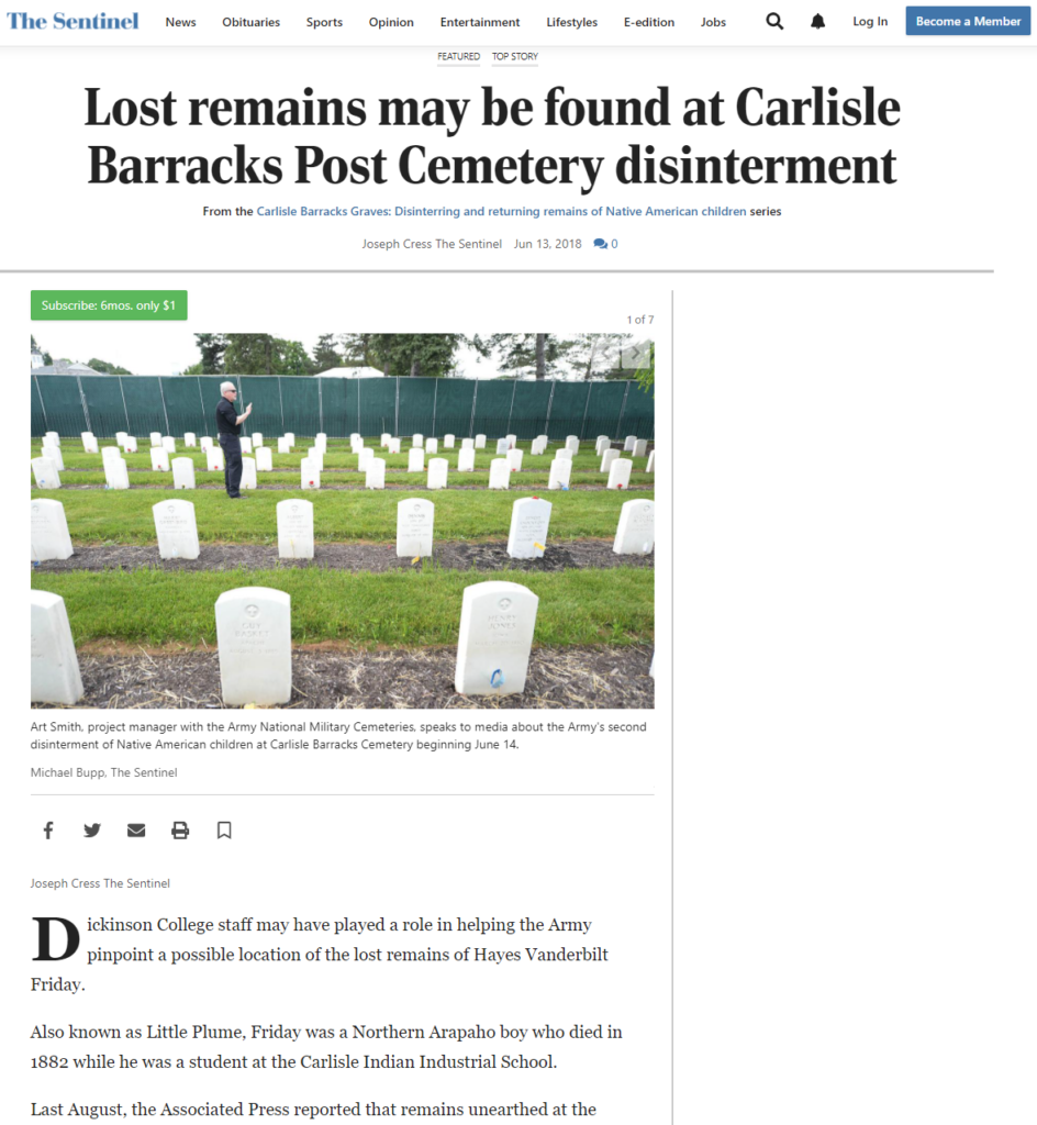 Snippet from the article "Lost remains may be found at Carlisle Barracks Post Cemetery disinterment" on the Sentinel website