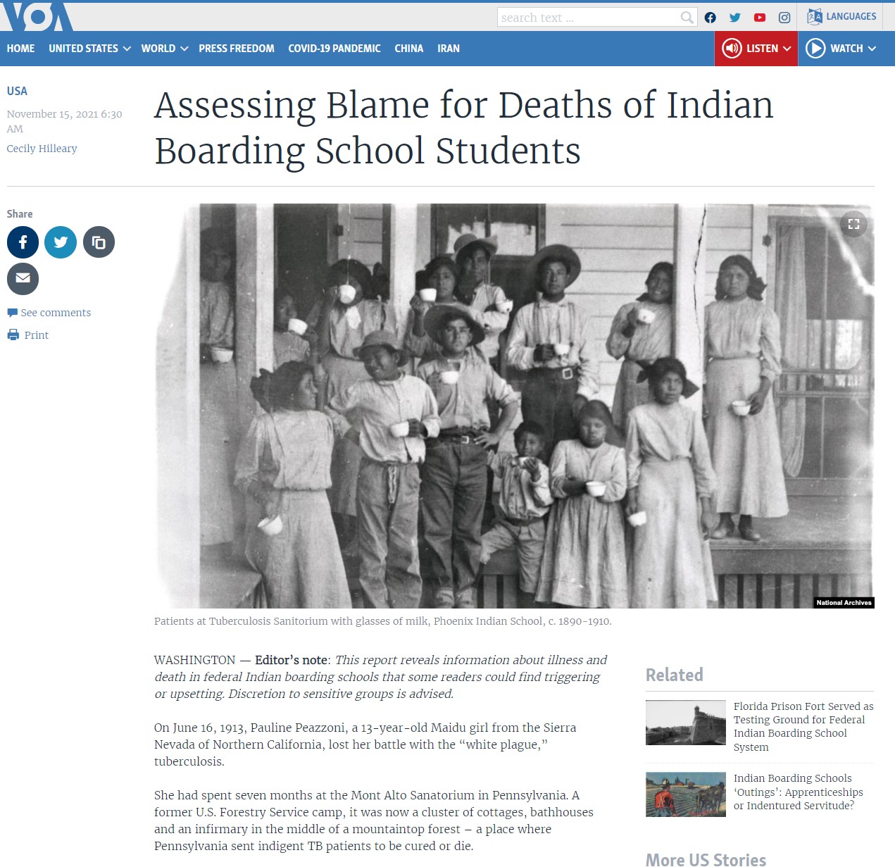 Snippet from the article "Assessing Blame for Deaths of Indian Boarding School Students" on the Voice of America website