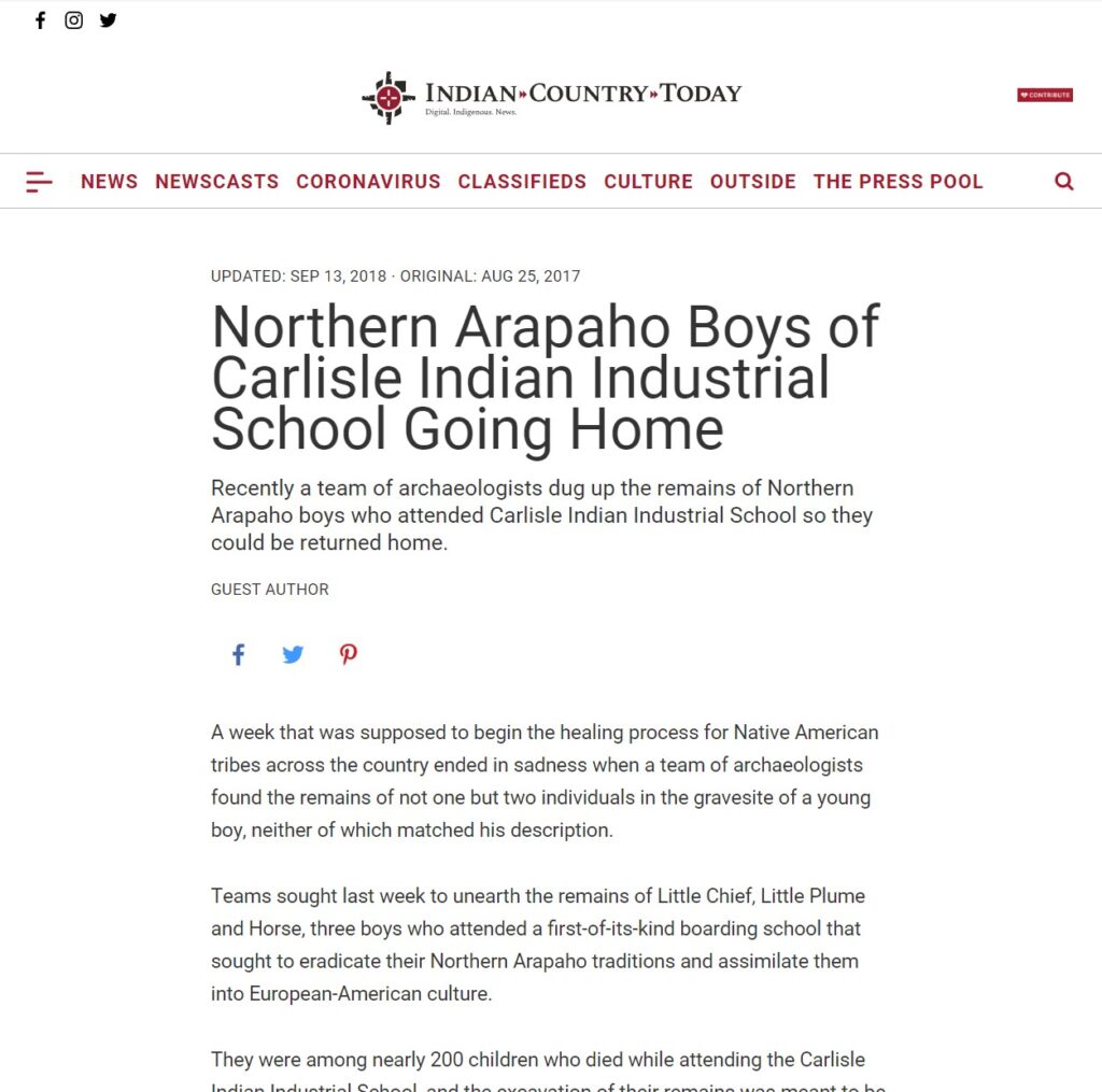 Snippet from the article "Northern Arapaho Boys of Carlisle Indian Industrial School Going Home" on the Indian Country Today website