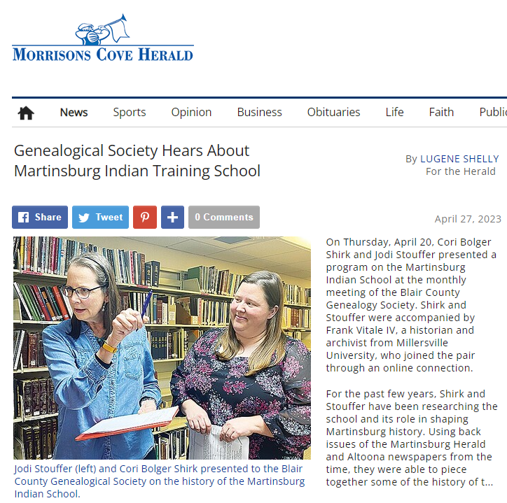 Snippet from the article "Genealogical Society Hears About Martinsburg Indian Training School" on the Morrisons Cove Herald website